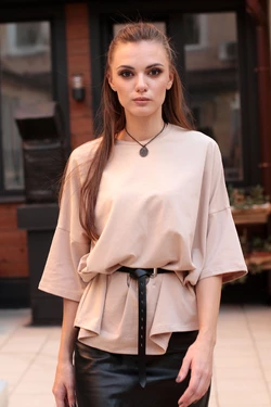 Футболка бежевая, женская оверсайз 20-003 Футболка бежевая, женская оверсайз 20-003